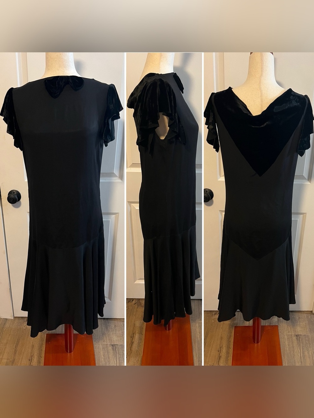 Antique 20s-early 30s Velvet Silk Crepe Art Deco Little Black Dress / Cocktail